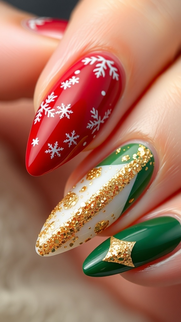 Elegant Short Almond Christmas Nail Art Elegant short almond Christmas nails with red and green polish, adorned with snowflakes and glitter.